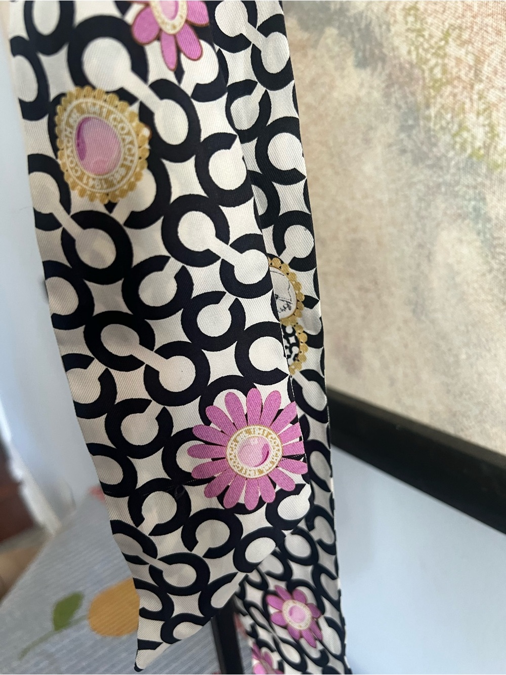 Coach Rare Black & White Logo Silk Scarf with Pink & Gold Floral Accents - Picture 5 of 5